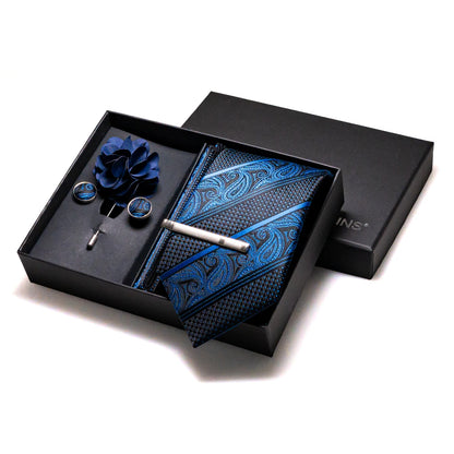 Navy blue Silk Necktie Paisley Floral Mens Tie Pocket Square Cufflinks Set Quality Business Wedding Birthday Gift Box Gravatas - BOC-WEAR