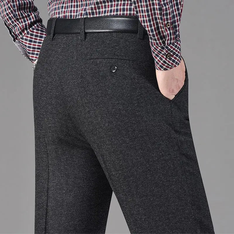 Vintage Autumn Winter Thicken Wool Fleece Suit Pants Men Middle Age High Waist Straight Loose Business Casual Straight Trousers