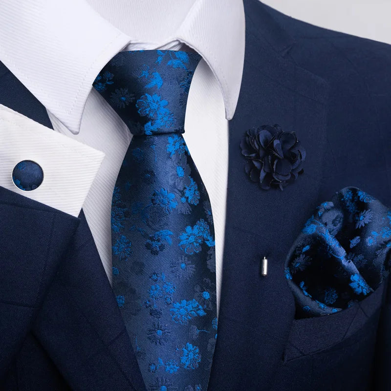 Luxury Men's Floral Tie Set - Black Gold Paisley Necktie with Pocket Square, Cufflinks & Brooch - BOC-WEAR