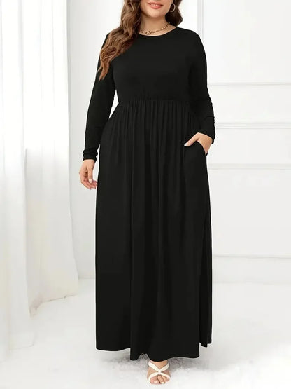 Plus Size Plus Size Solid Color Dress Casual Waist Cinched Long Sleeve round Neck Long Dress Comfortable Fashion Women's Clot... - BOC-WEAR