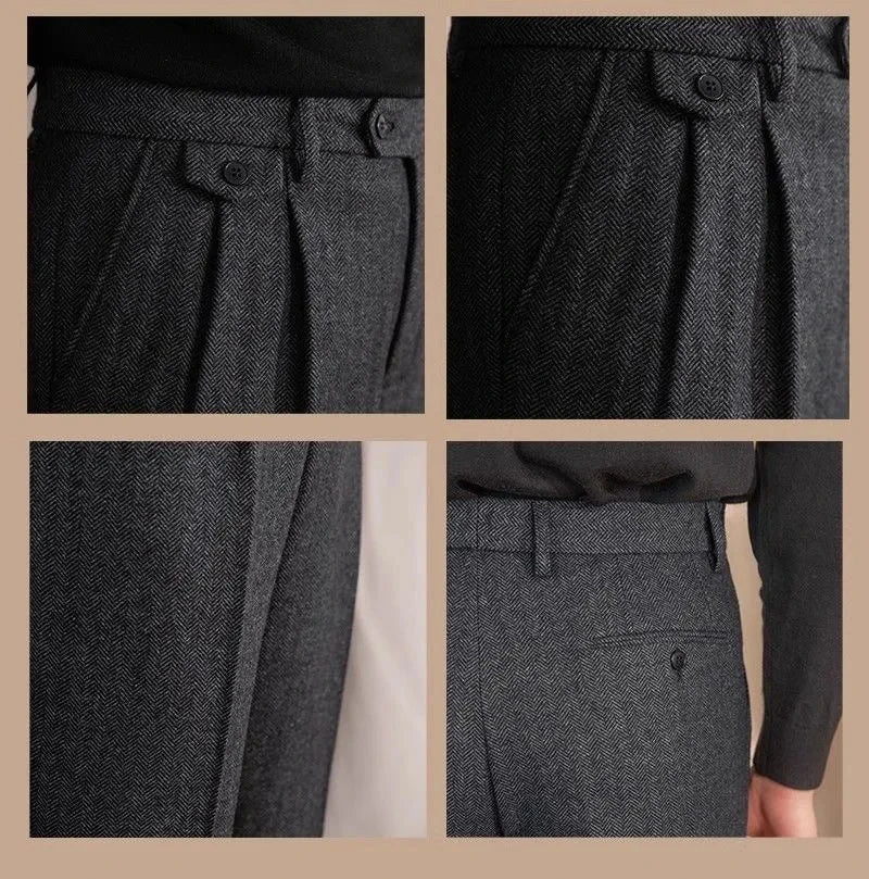 Collage of gray pleated pants with close-up details on a beige background