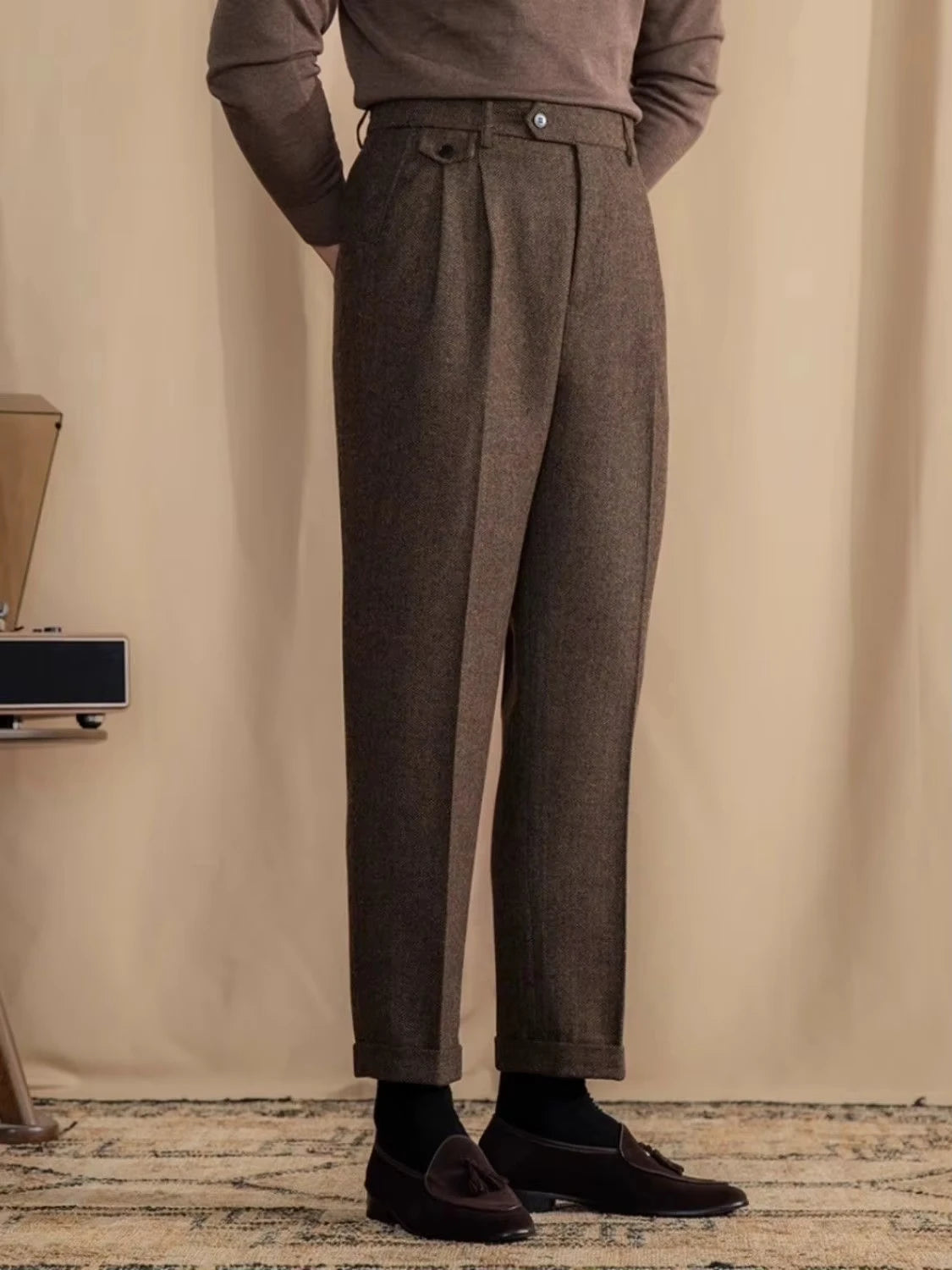 Men's Italian Wool Herringbone Suit Trousers - Vintage British Style Dress Pants