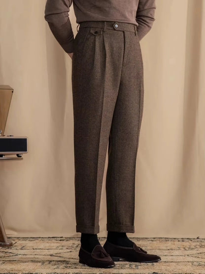 Men's Italian Wool Herringbone Suit Trousers - Vintage British Style Dress Pants