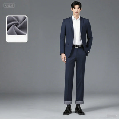 Winter Velvet Thickened Men's Business Casual Trousers Straight Leg Pants High Waisted Elastic Warm Men's Pants Slim Fit Pants