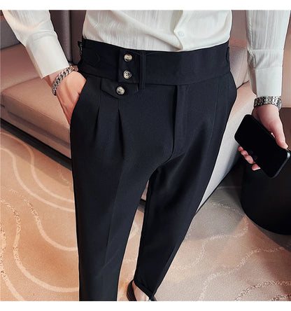 2025 Spring Autumn Men High Waist Belt Design Casual Slim Formal Dress Pant Men Social Office Wedding Party Dress Suit Pants