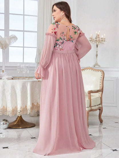 Plus Size Embroidered Chiffon Long Sleeve Dress