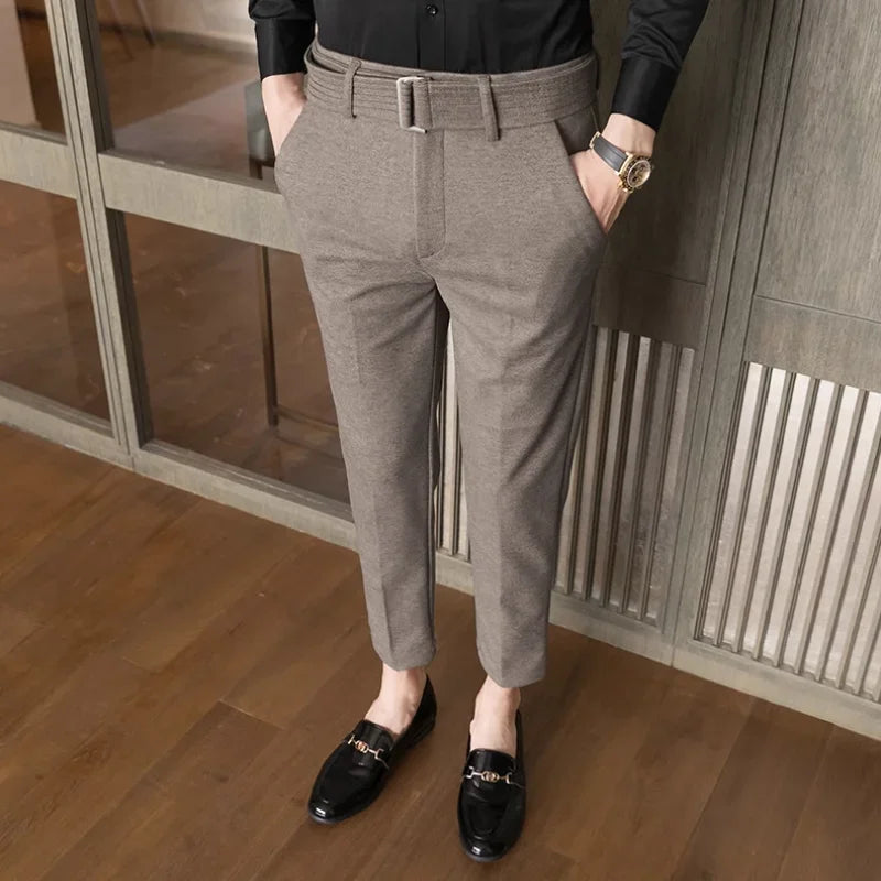 Straight Slim Fit Tressed Male Suit Trousers Social Tailoring Men's Summer Pants Stretch Business Elastic Clothing Promotion Hot