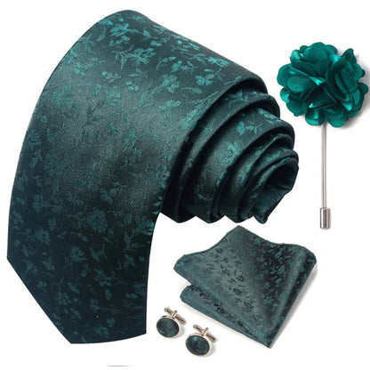 Luxury Men's Floral Tie Set - Black Gold Paisley Necktie with Pocket Square, Cufflinks & Brooch - BOC-WEAR