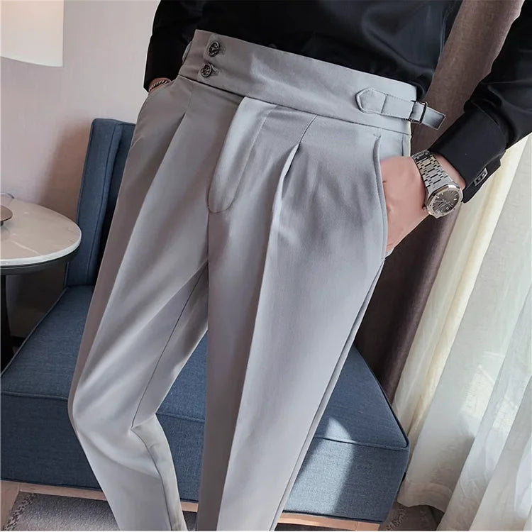 2025 Spring Autumn Men High Waist Belt Design Casual Slim Formal Dress Pant Men Social Office Wedding Party Dress Suit Pants