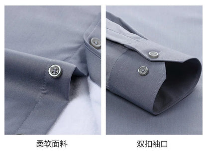 2025 Men's Autumn Winter Long Sleeve Shirts White Warm Fleece Stretch Shirt Formal Business Office Wear Dress Shirts Male M-5XL - BOC-WEAR