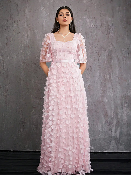 MGIACY Solid Color Heart Collar Roll Beads Top Top Sleeved Ball Dress for Women (Heavy Industry)