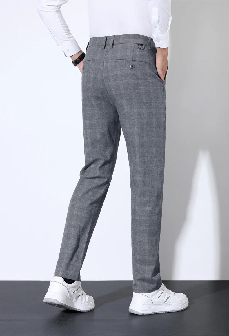 Autumn Winter Men's Plaid Striped Suit Pants Cotton Stretch Straight Business Casual High Quality Classic Fashion Trousers Male