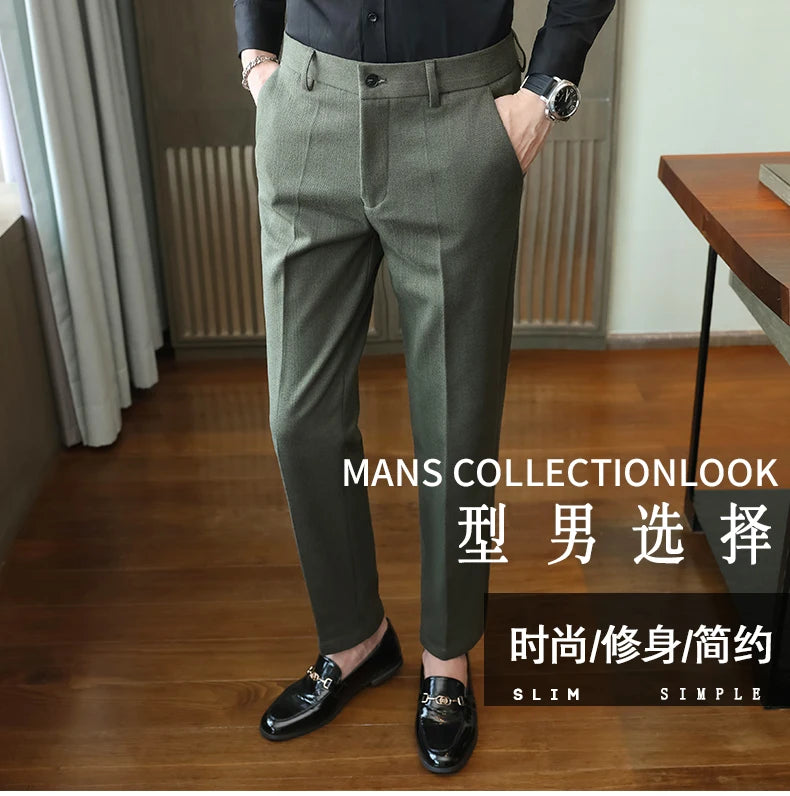 Autumn Winter New Woolen Suit Pants High Quality Striped Slim Fit Dress Pants Men's Formal Business Office Social Trousers