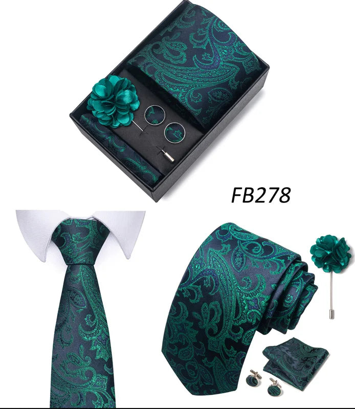 New Designer Blue Red Green Paisley Ties For Men Wedding Party Neck Tie Luxury Tie Pocket Square Cufllink Brooch Set - BOC-WEAR