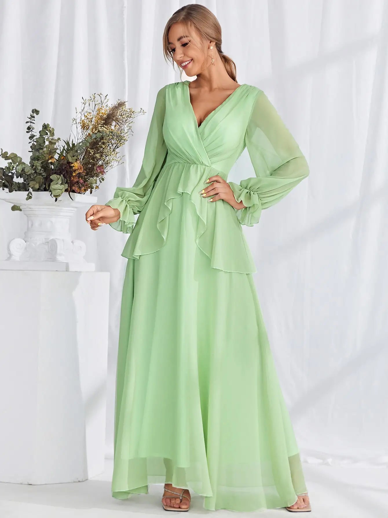 Mgiacy V-neck long sleeve chiffon pleated lace ruffled evening gown Ball dress Party dress Bridesmaid dress