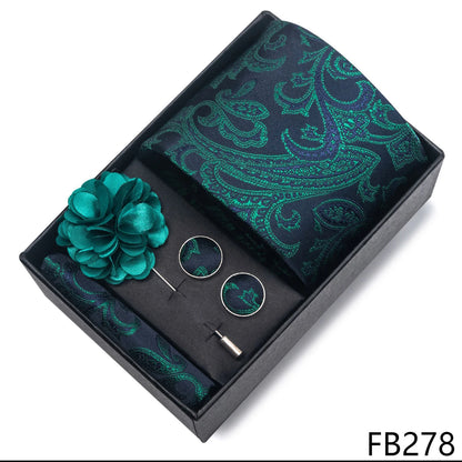 New Designer Blue Red Green Paisley Ties For Men Wedding Party Neck Tie Luxury Tie Pocket Square Cufllink Brooch Set - BOC-WEAR
