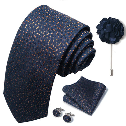 Luxury Men's Floral Tie Set - Black Gold Paisley Necktie with Pocket Square, Cufflinks & Brooch - BOC-WEAR