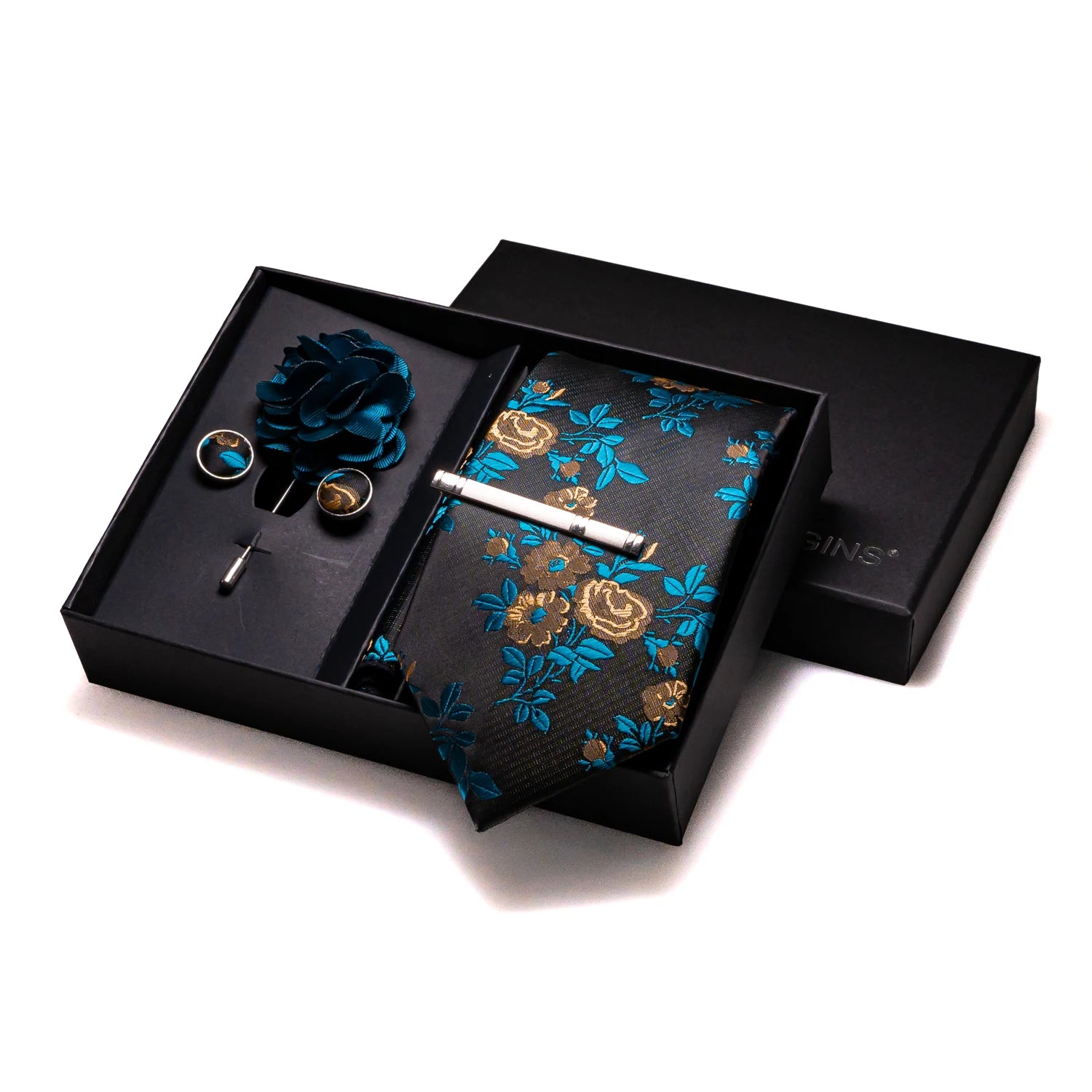 Navy blue Silk Necktie Paisley Floral Mens Tie Pocket Square Cufflinks Set Quality Business Wedding Birthday Gift Box Gravatas - BOC-WEAR