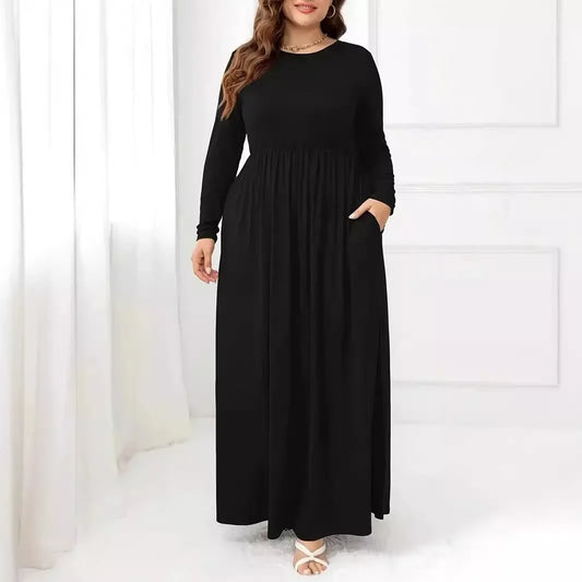 Plus Size Plus Size Solid Color Dress Casual Waist Cinched Long Sleeve round Neck Long Dress Comfortable Fashion Women's Clot... - BOC-WEAR