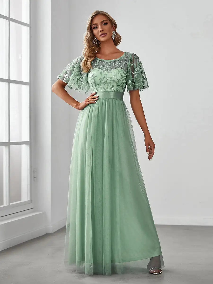 Round Neck Ruffle Sleeve Evening Gown