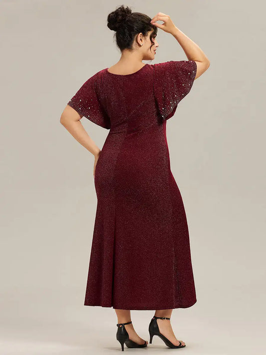Plus Size Evening Dresses Short Sleeve Ruffle Beaded 2025 Ever Pretty of Fishtail Burgundy Maxi Evening Dresses
