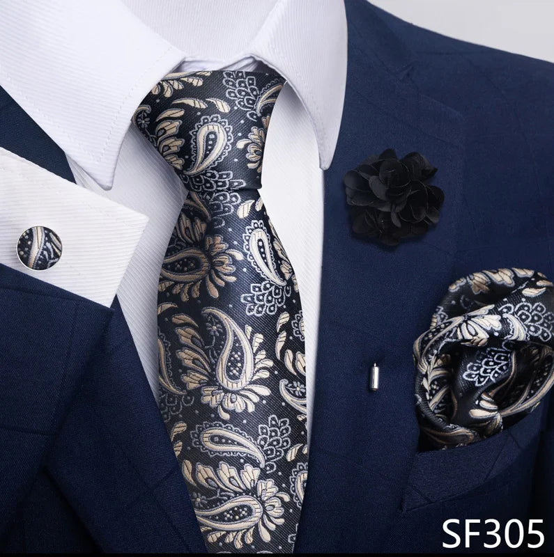 Luxury Men's Floral Tie Set - Black Gold Paisley Necktie with Pocket Square, Cufflinks & Brooch - BOC-WEAR
