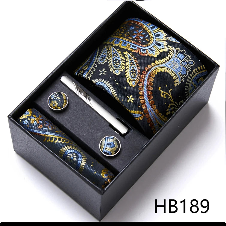 Top Grade Holiday Gift Box 7.5 cm Green Print Tie Pocket Squares Cufflink Set Gravatas Man Suit Accessories Fit Formal Party - BOC-WEAR