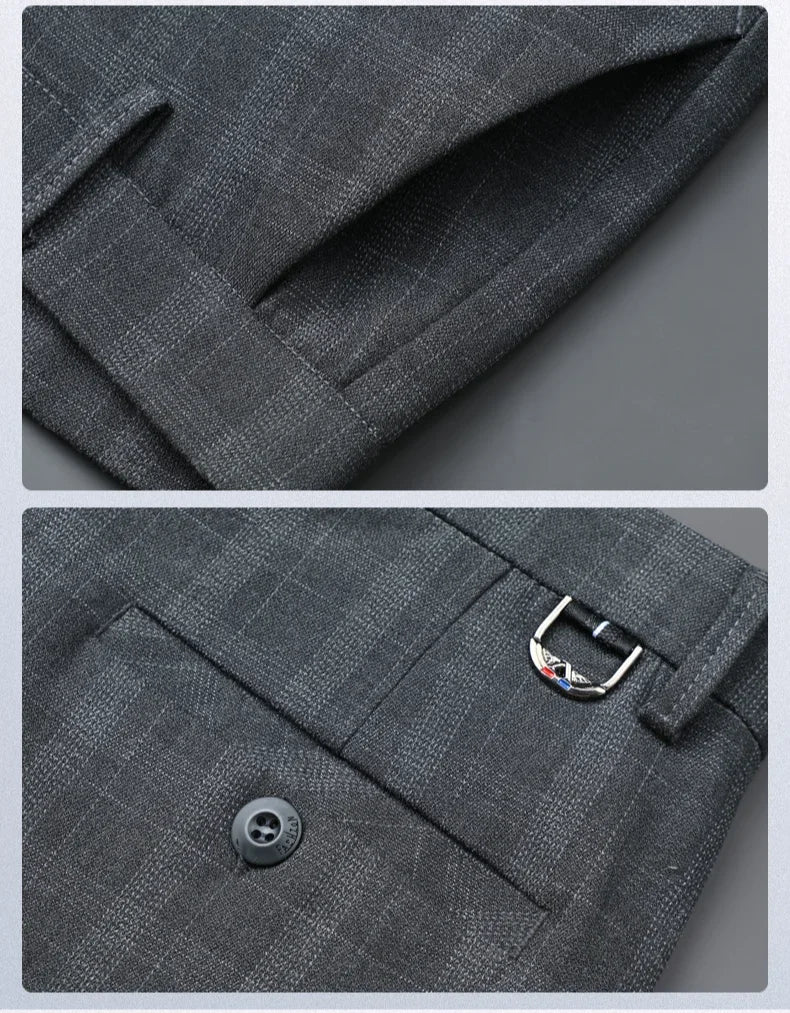 Autumn Winter Men's Plaid Striped Suit Pants Cotton Stretch Straight Business Casual High Quality Classic Fashion Trousers Male