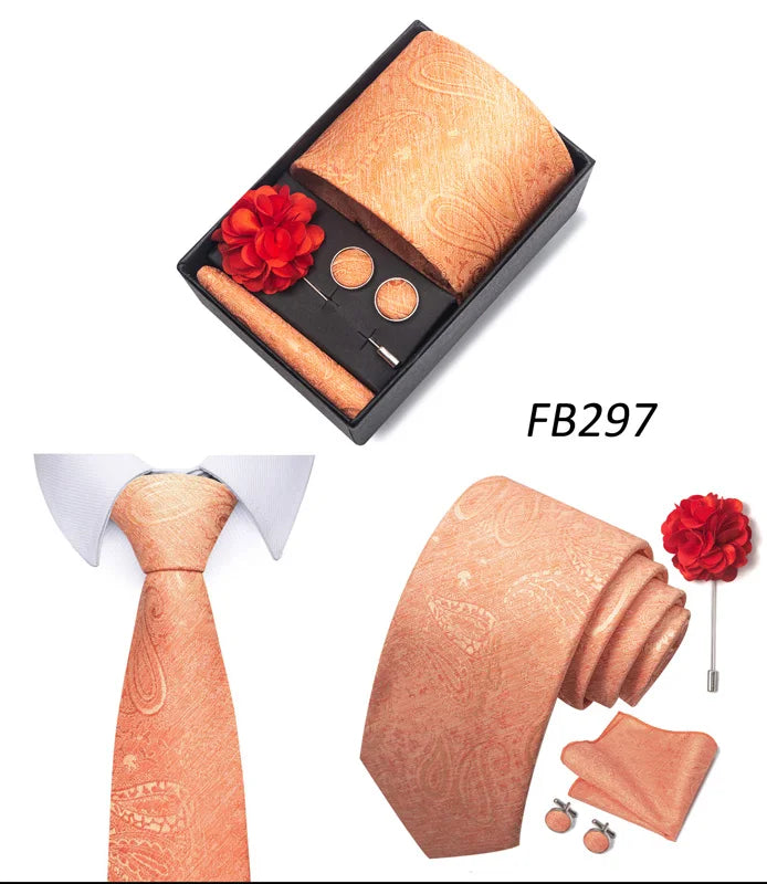 New Designer Blue Red Green Paisley Ties For Men Wedding Party Neck Tie Luxury Tie Pocket Square Cufllink Brooch Set - BOC-WEAR