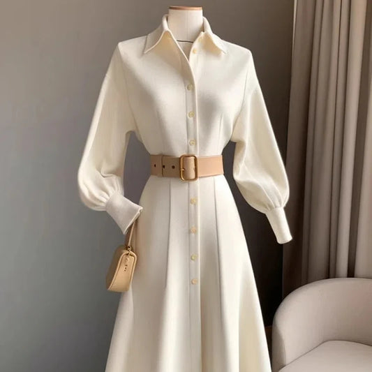 Women's Elegant White Shirt Dress - Korean Style A-Line Waist Cinching Dress for Work & Church - BOC-WEAR