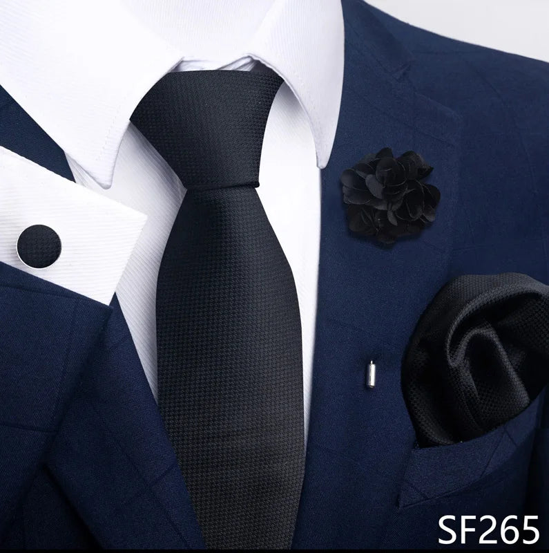 Luxury Men's Floral Tie Set - Black Gold Paisley Necktie with Pocket Square, Cufflinks & Brooch - BOC-WEAR