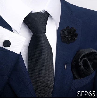 Luxury Men's Floral Tie Set - Black Gold Paisley Necktie with Pocket Square, Cufflinks & Brooch - BOC-WEAR
