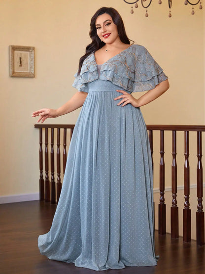 V-Neck Gold Embroidered Chiffon Maxi Dress