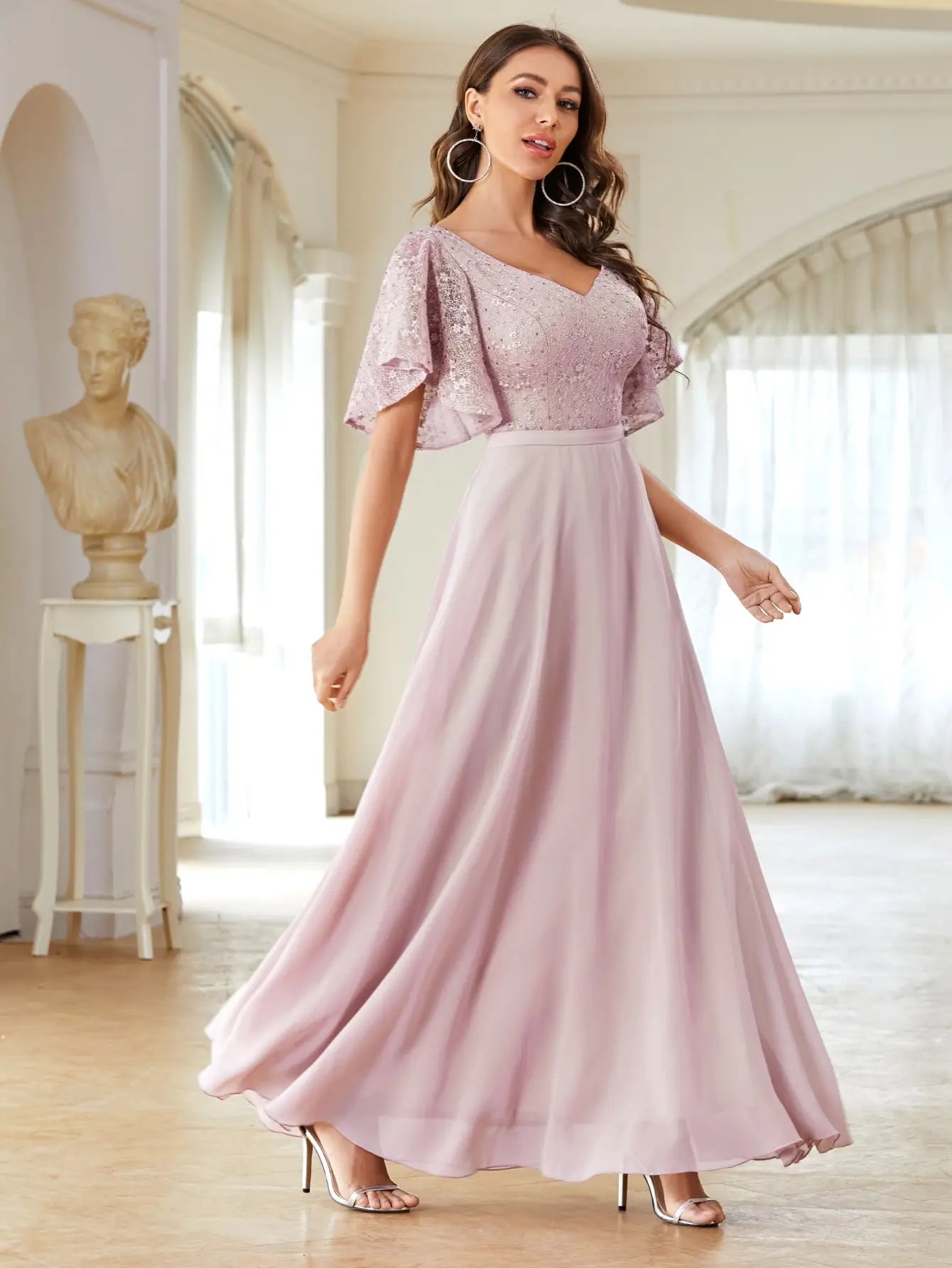 V-Neck Lace Chiffon Maxi Evening Dress