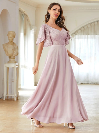 V-Neck Lace Chiffon Maxi Evening Dress