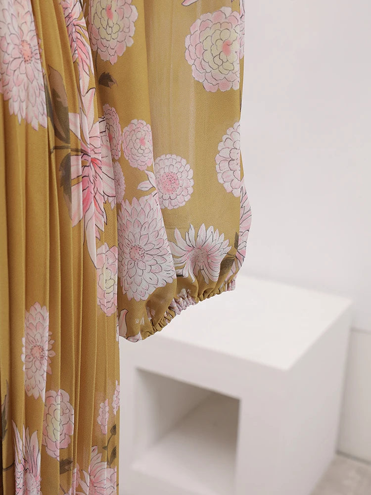 BOC-WEAR LANMREM Pleated Long Dress - Floral Print Lace-Up Dress for Church - BOC-WEAR