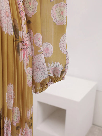 BOC-WEAR LANMREM Pleated Long Dress - Floral Print Lace-Up Dress for Church - BOC-WEAR