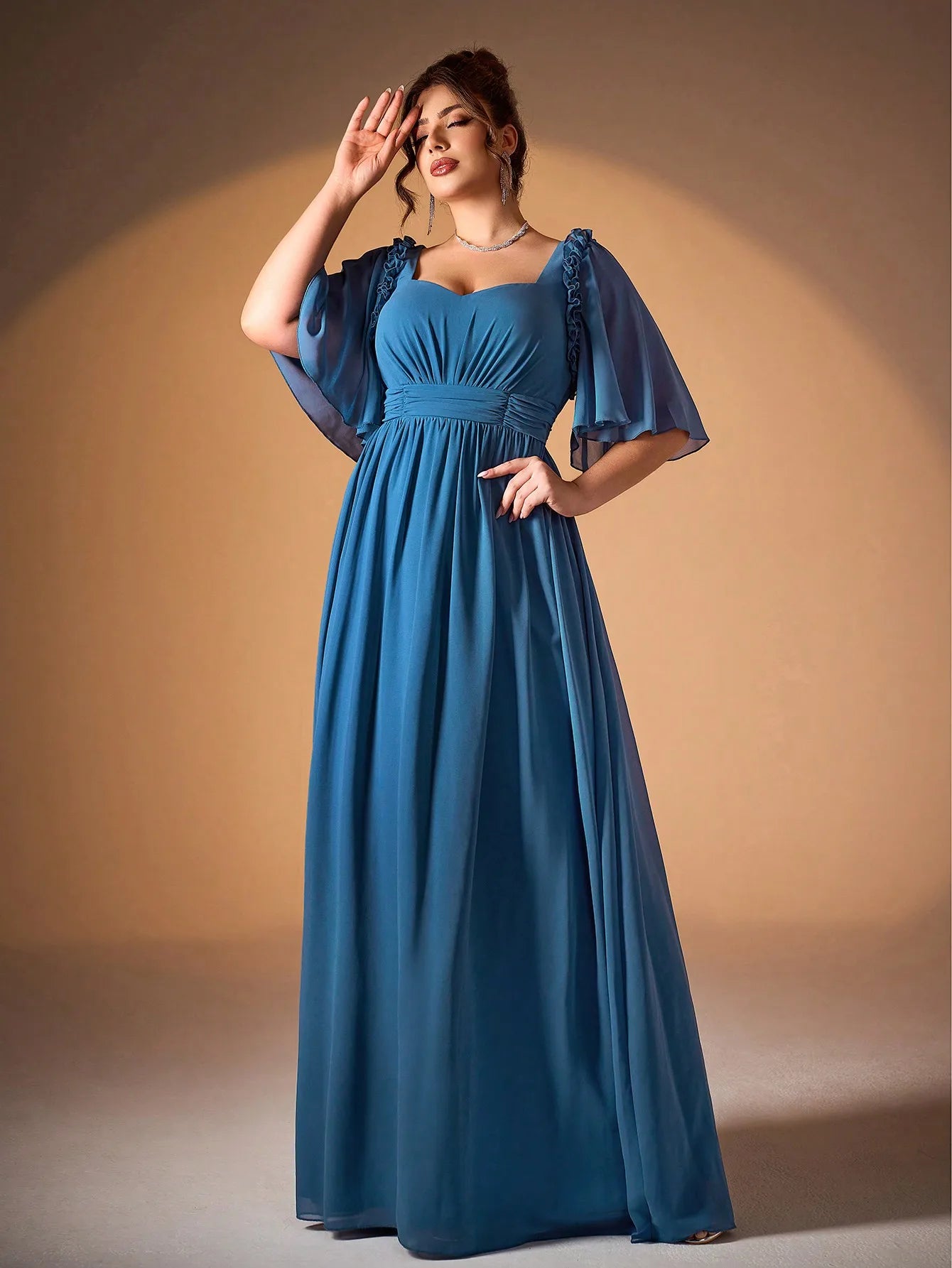 V-Neck Ruffled Pearl Chiffon Evening Dress