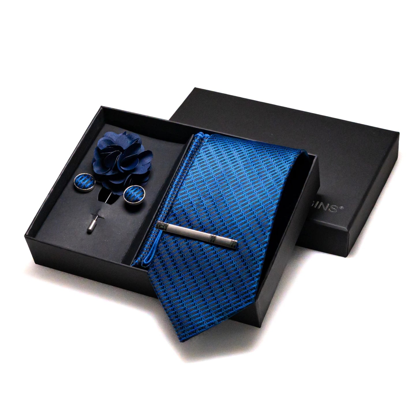 Navy blue Silk Necktie Paisley Floral Mens Tie Pocket Square Cufflinks Set Quality Business Wedding Birthday Gift Box Gravatas - BOC-WEAR