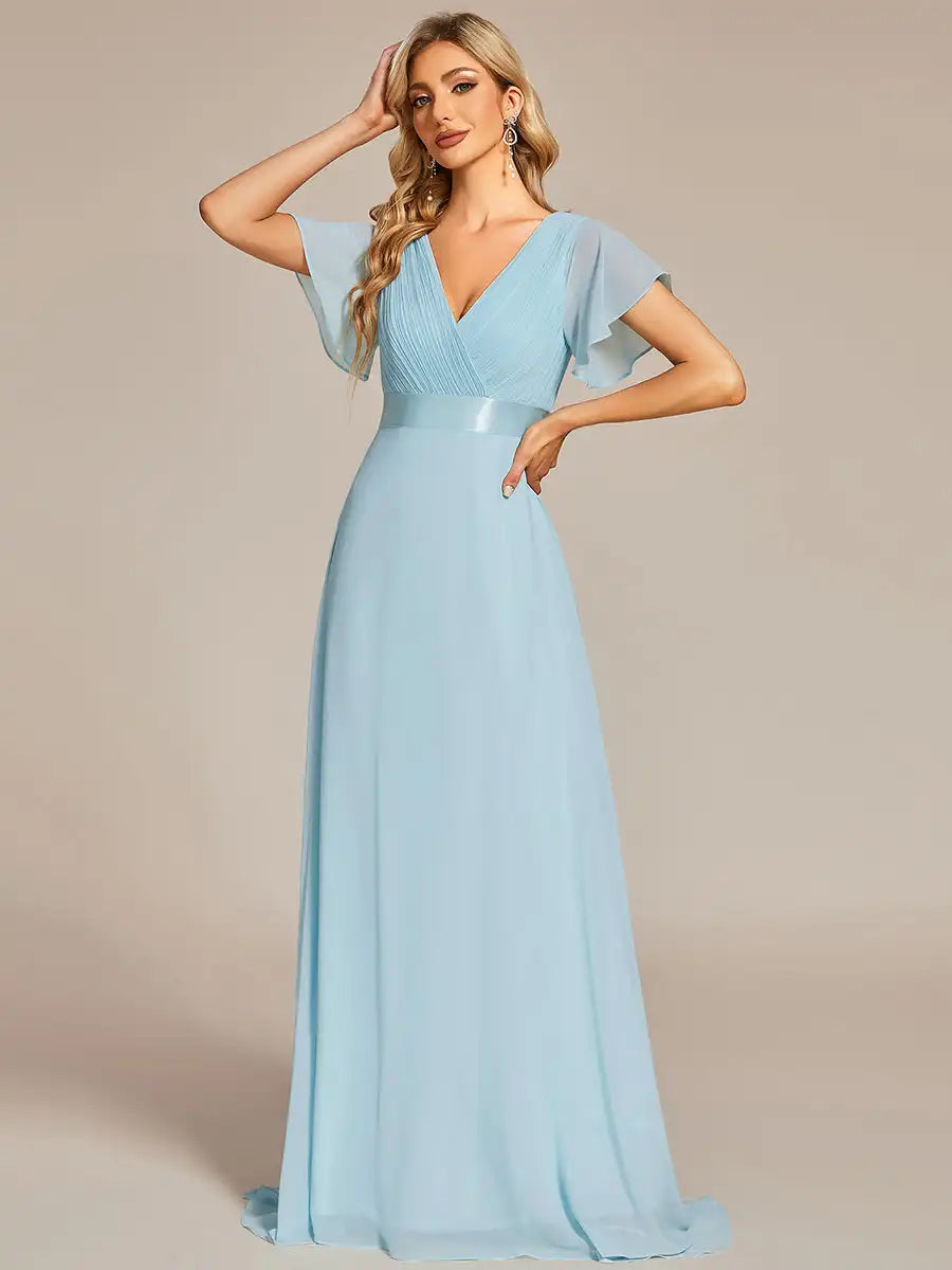 Double V-Neck Ruffled Evening Dress