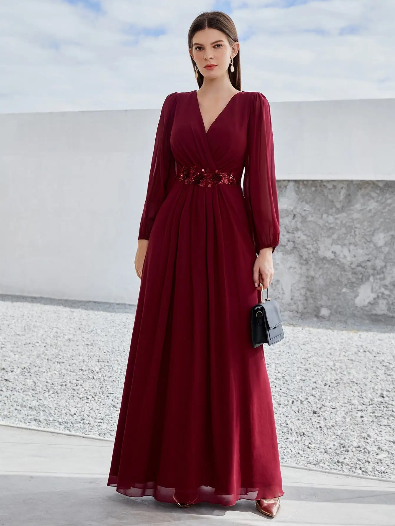 V-Neck Beaded Print Chiffon Maxi Dress