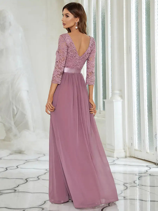 Classic Evening Dresses O-Neck Long Lace Sleeve Empire Waist Floor-Length Backless 2025 Ever Pretty of Orchid Bridesmaid dress