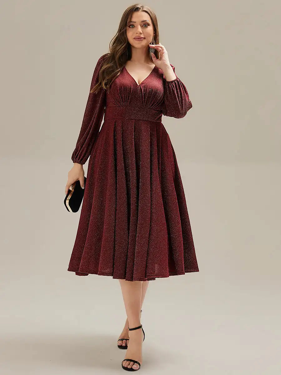 V-Neck A-Line Midi Wedding Guest Dress