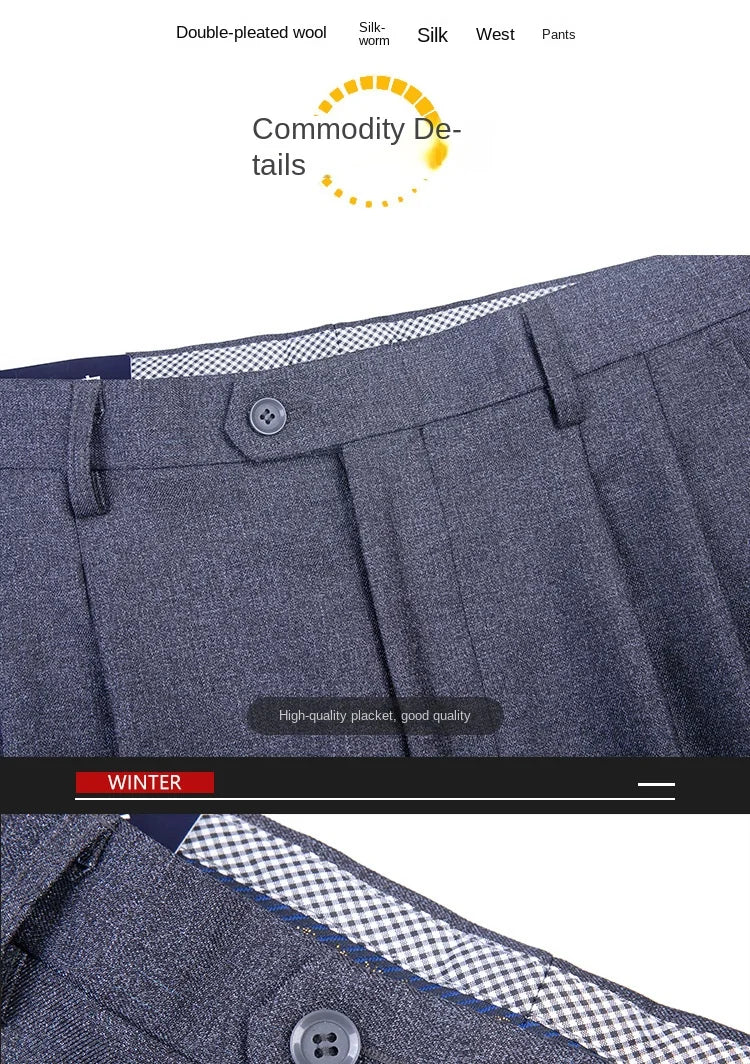 High Waist Suit Pants Men Autumn Thicken Double Pleated Straight Loose Formal Men Trousers High Quality Black Size 29-42 44 46