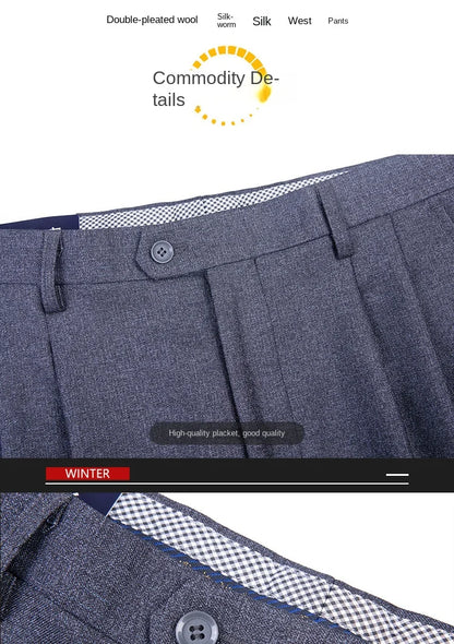 High Waist Suit Pants Men Autumn Thicken Double Pleated Straight Loose Formal Men Trousers High Quality Black Size 29-42 44 46