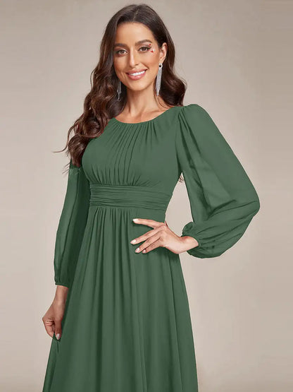 JAEL Classic Evening Dress - Round Neck A-Line Bridesmaid Dress with Lantern Sleeves