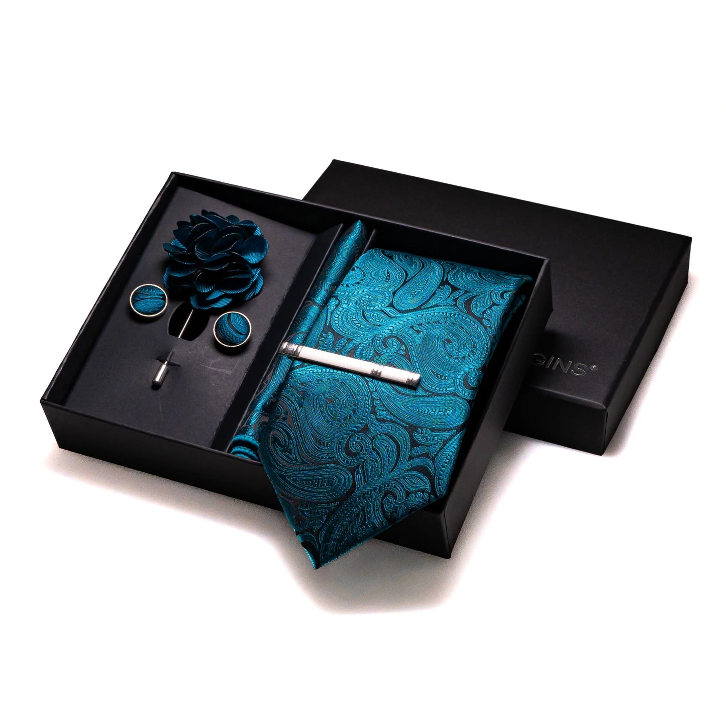 Navy blue Silk Necktie Paisley Floral Mens Tie Pocket Square Cufflinks Set Quality Business Wedding Birthday Gift Box Gravatas - BOC-WEAR