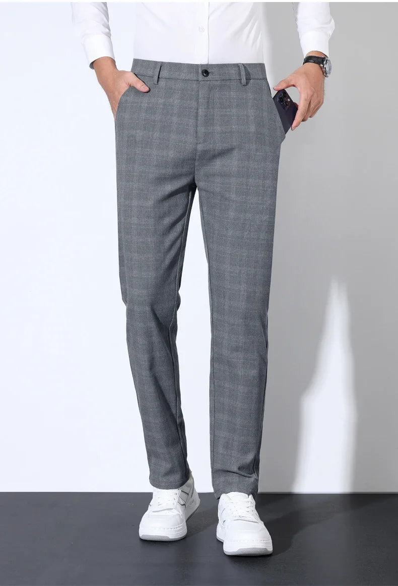Autumn Winter Men's Plaid Striped Suit Pants Cotton Stretch Straight Business Casual High Quality Classic Fashion Trousers Male