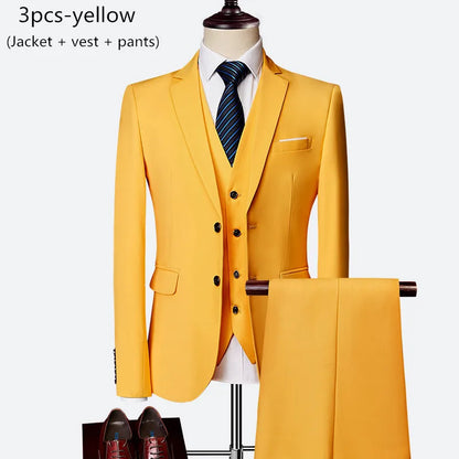 Luxury 3 piece men's wedding suit fashion men's slim solid color business office suit sets large size men Blazer+ pants + vest - BOC-WEAR
