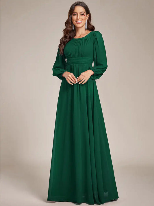 JAEL Classic Evening Dress - Round Neck A-Line Bridesmaid Dress with Lantern Sleeves